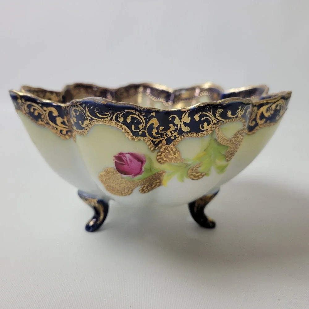 Antique Nippon Berry Strainer Bowl Cobalt Gold Moriage Hand Painted Poppies